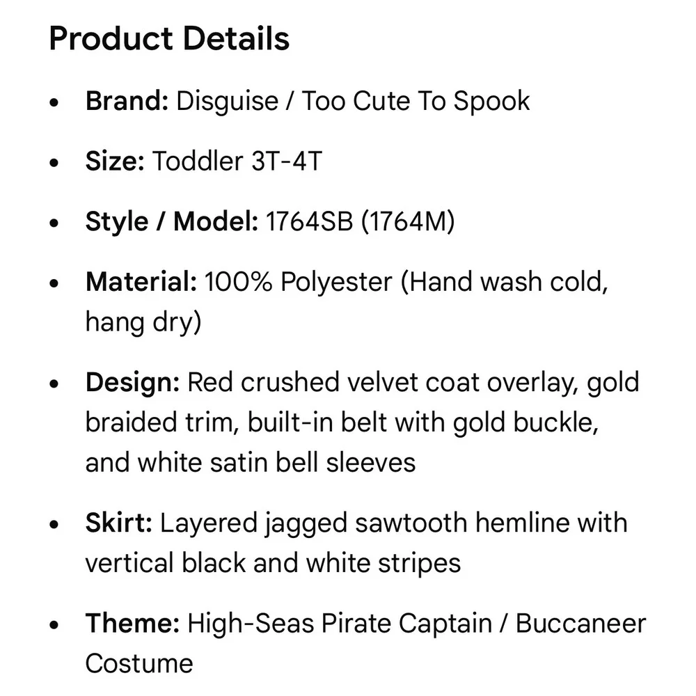 Toddler Pirate Costume 3T 4T Disguise Too Cute To Spook Halloween Girl